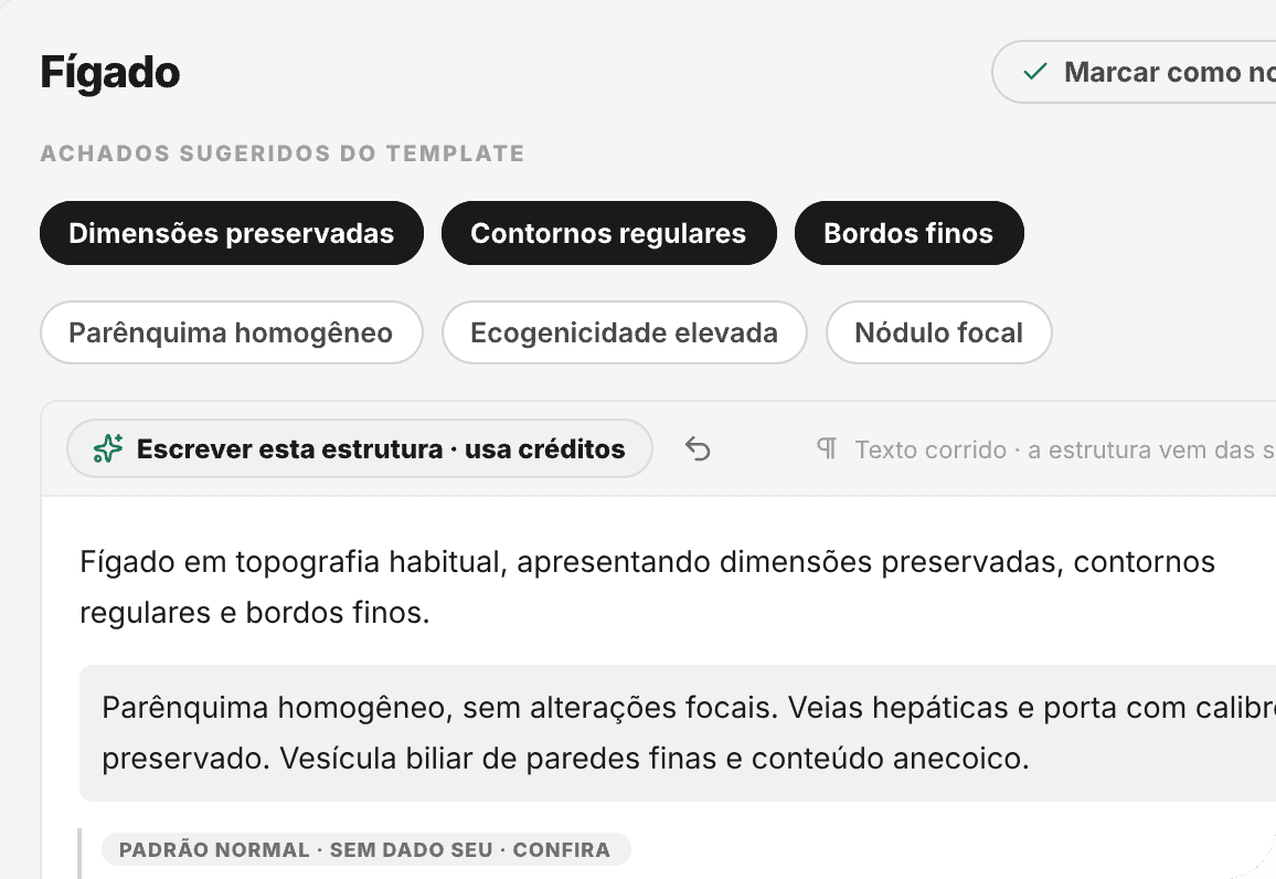 O fígado aberto no editor, com os achados marcados e o parágrafo do laudo escrito a partir deles.