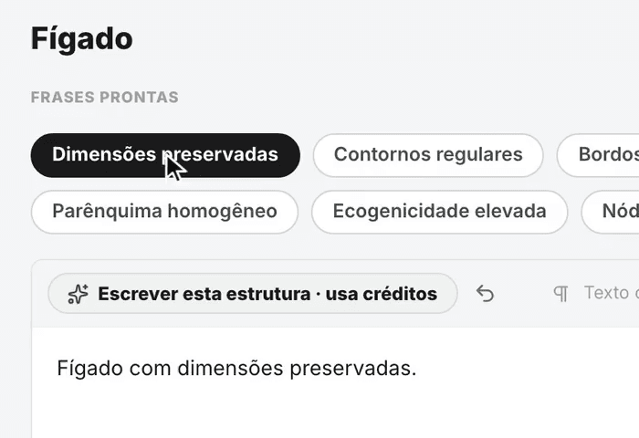 A tela do exame no VetUltra, com o fígado aberto, três achados marcados e o botão para a IA escrever a estrutura.