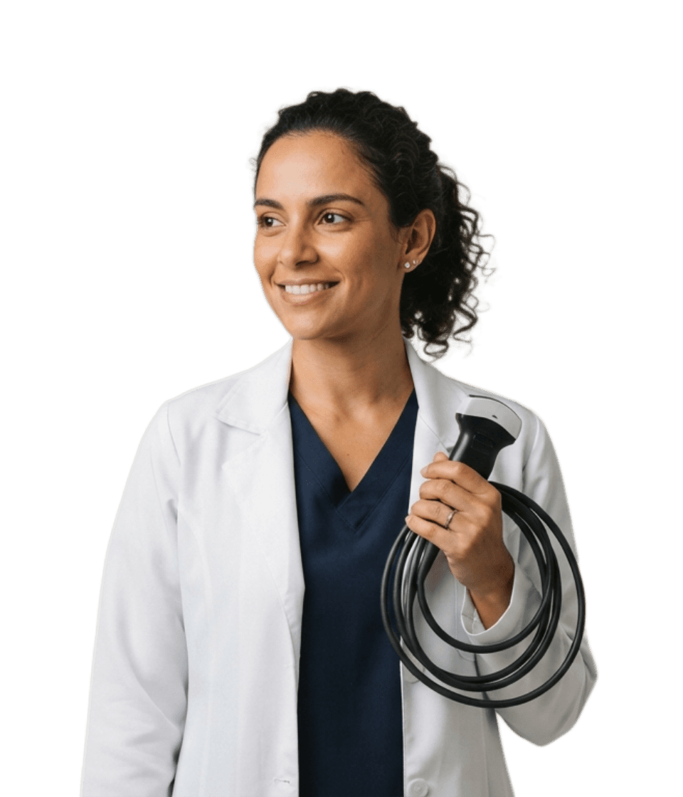 Veterinária de jaleco sorrindo, com o transdutor de ultrassom na mão.